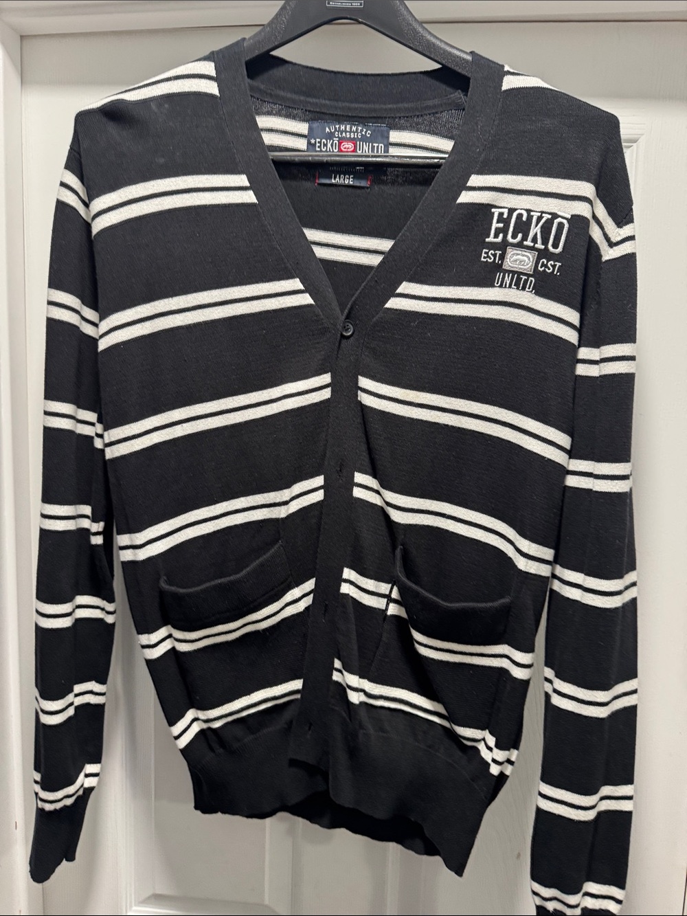Ecko Unlimited Black & White Striped V-Neck Cardigan